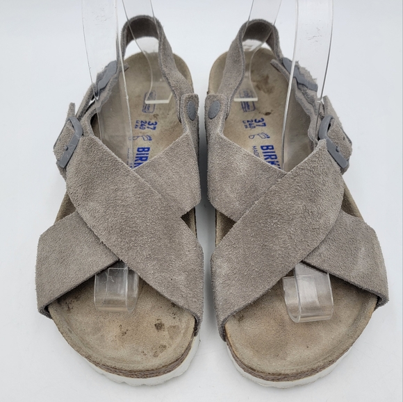 Birkenstock Tulum Stone Beige Coin Suede Soft Footbed Regular Sz EU 37 US 6.5 - Picture 3 of 11